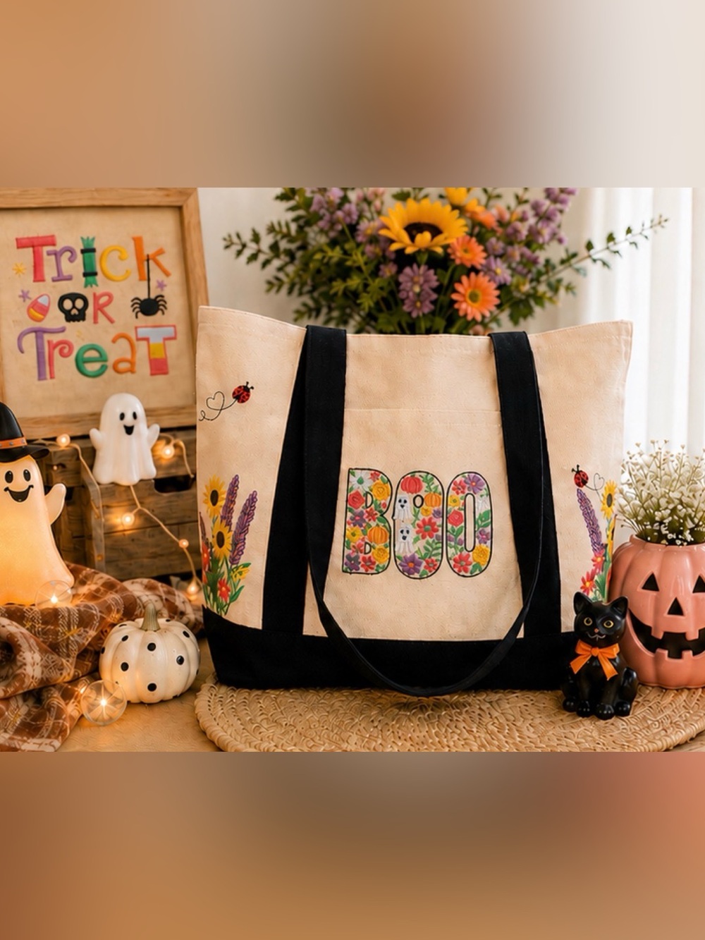 🎃 One-of-a-Kind Halloween Embroidered Canvas Tote 👻🌸